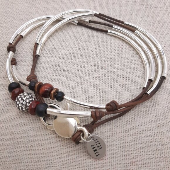 Lizzy James Jewelry - Lizzy James Brown Leather Silver Cat's Eye Gemstone Rhinestone Wrap Bracelet